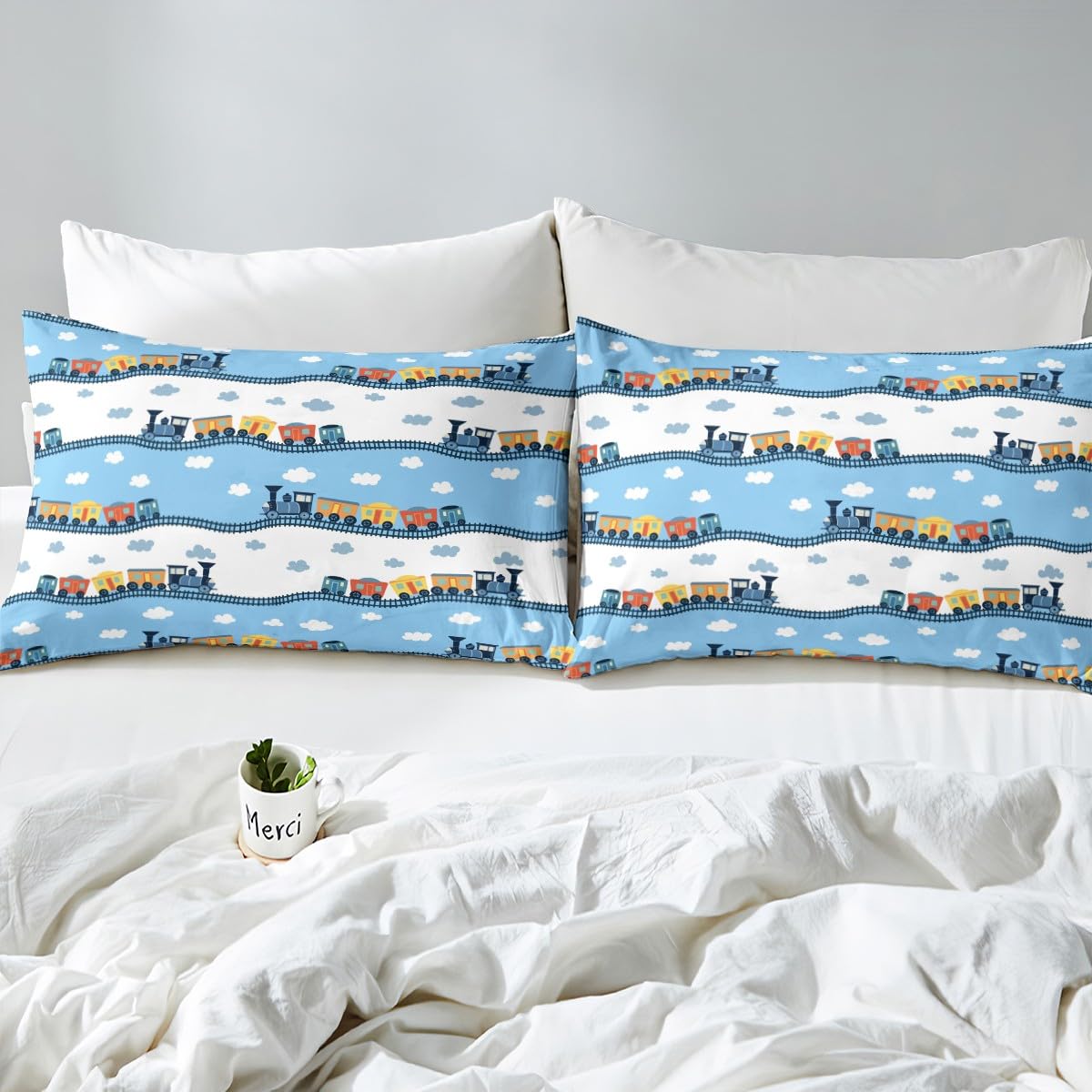 Erosebridal Kids Locomotive Train Sheet Set Queen,Cute Steam Engine Truck Sheets for Boys Girls Blue White Clouds Top Fitted Sheet Railway Car Vehicles Bed Sheets Set with 2 Pillowcases