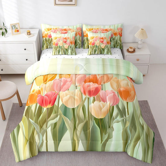 Erosebridal Pastel Bedding Set Tulips Flower Bed in A Bag Fresh Spring Floral King Comforter Set 7 Piece Colorful Tulips Romantic Aesthetic Plants Sheet Set with Comforter for Kids Boys Girls