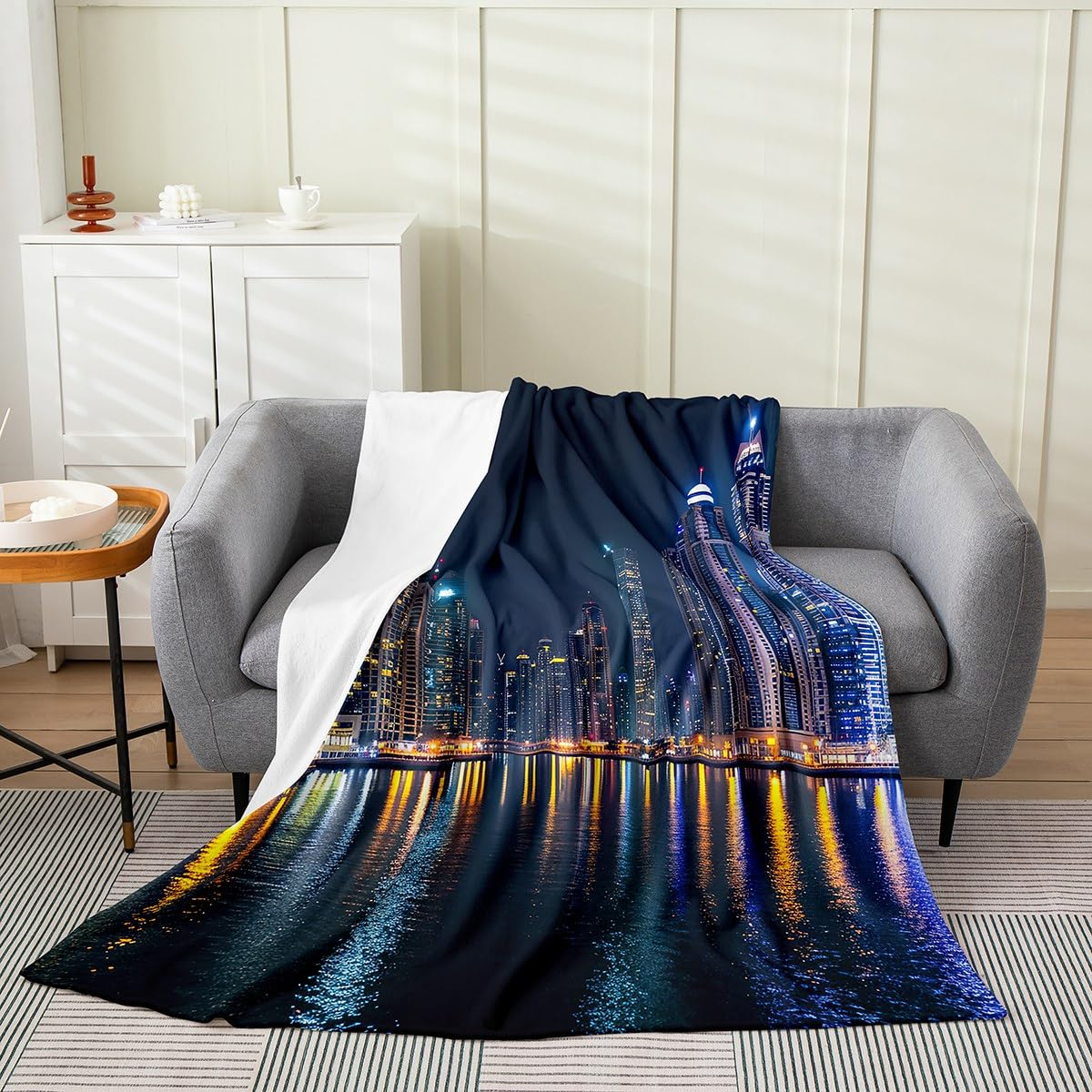 Erosebridal Modern City Building Fleece Blanket Famous Urban House Blanket American Cityscape Throw Blanket Structure Water City Lights Fuzzy Blanket for Adult Teens Baby 30X40