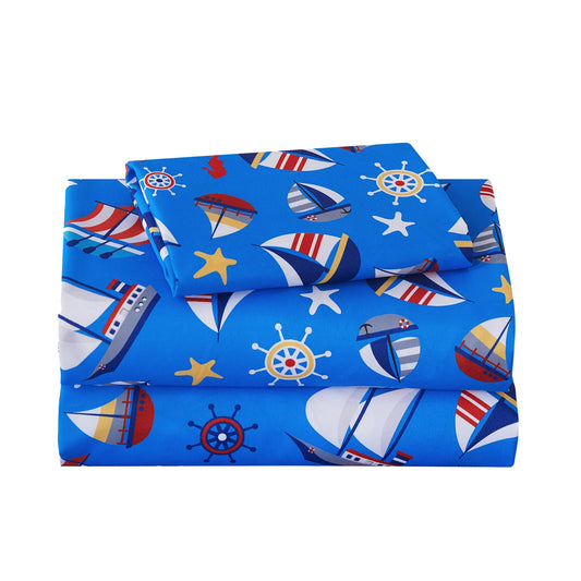 Softan Kids Bed Sheet Set, 3-Piece Twin Sheets Set, Microfiber Fitted Sheet with 15 Inches Deep Pocket and Corner Straps, Breathable & Silky Soft Blue Sailboat Pattern Sheet and Pillowcase Sets