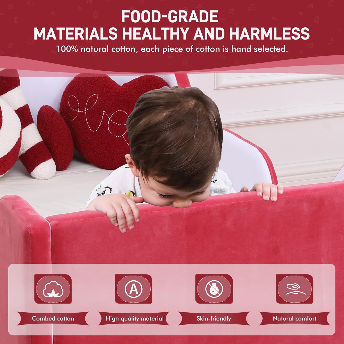 weeonekids Toddler Bed, Child Bed for Kids with Extra Safty Broad, Standard Crib Size Toddler Bed, Certified Fabric Toddler Beds,Toddler Flood Bed (Mixed White/Red)