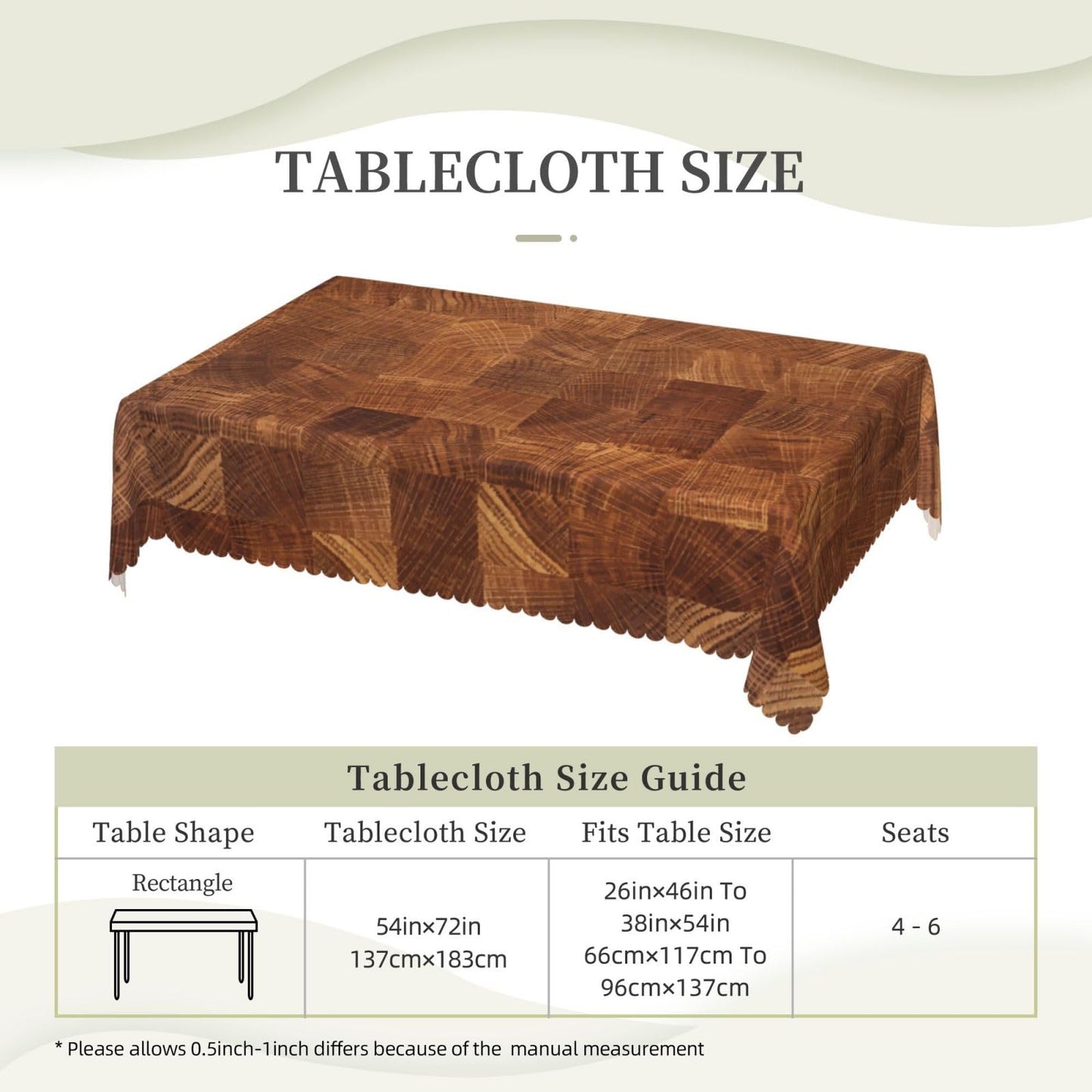 DRAVVIX Wooden Natural Texture Rectangular Tablecloth Brown Wooden Pattern Table Cloth with Wavy Lace Decoration Polyester Table Cover for Dining, Parties 54x72 inch