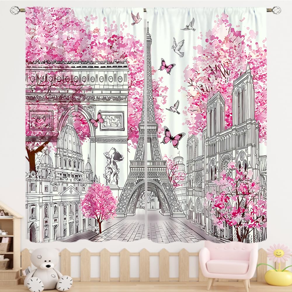 TYVGICZ Pink Paris Modern Curtains, Landscape Architecture City Scenery Eiffel Tower Landmark Famous Cityscape Romantic Window Treatments for Bedroom Living Room Kitchen Bathroom 2 Panels,42x45 Inch