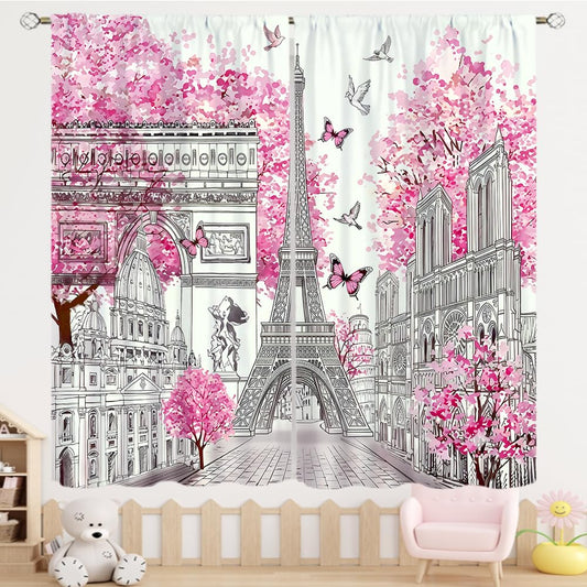TYVGICZ Pink Paris Modern Curtains, Landscape Architecture City Scenery Eiffel Tower Landmark Famous Cityscape Romantic Window Treatments for Bedroom Living Room Kitchen Bathroom 2 Panels,42x45 Inch