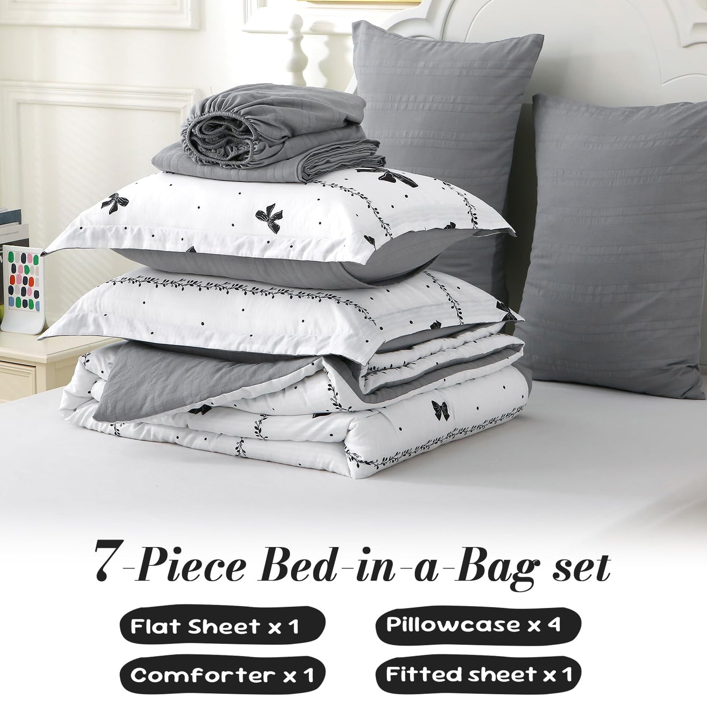 Jameswish 7 Pieces Black Bow Comforter Set for Girls Kids Soft Fluffy Polka Dot Bedding Set Full Size Bed in A Bag as Gifts (1 Comforter, 1 Flat Sheet, 1 Fitted Sheet, 2 Pillowcase and 2 Pillow Sham)