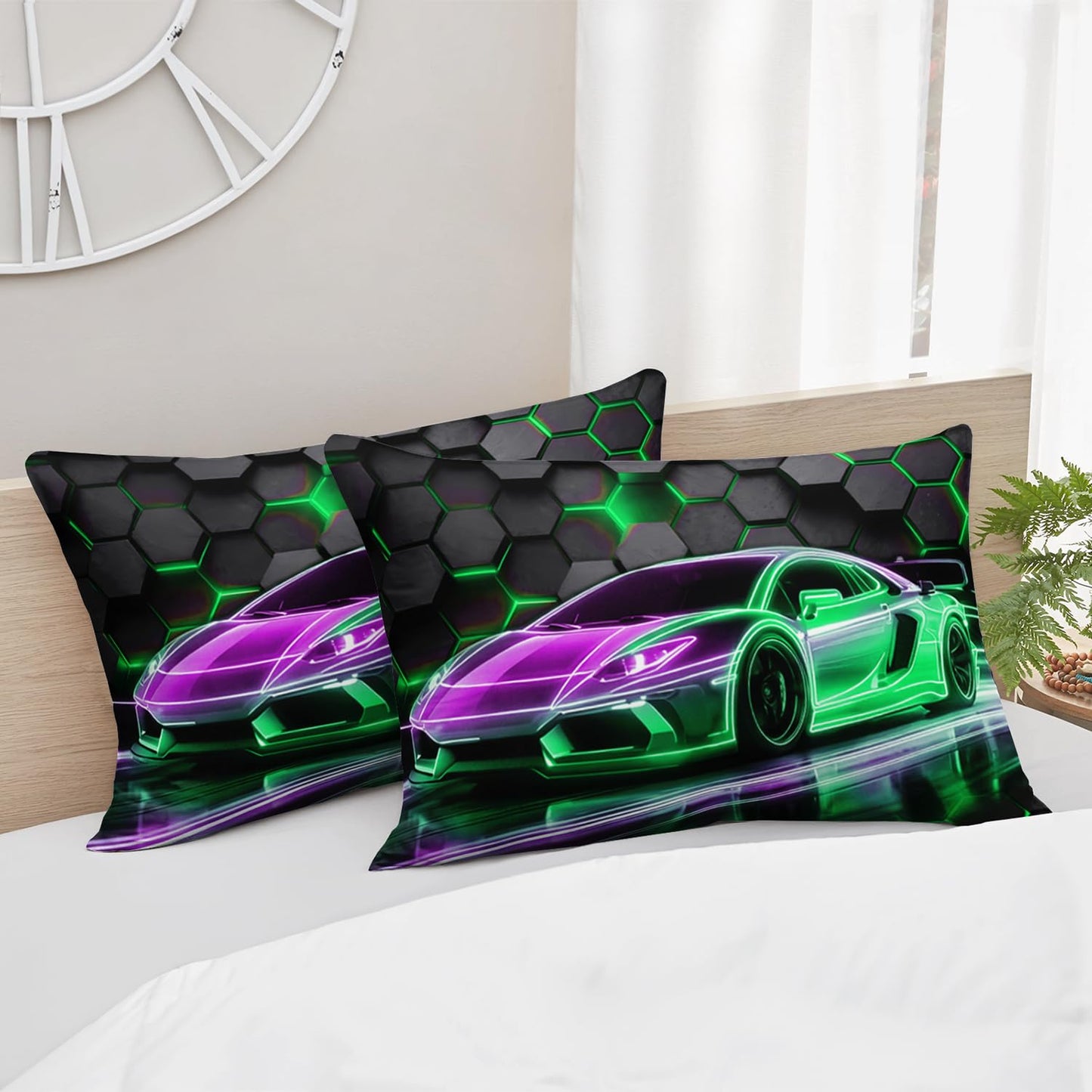 HOSIMA Kids Race Car Twin Fitted Sheet,Hexagon Geometric Honeycomb Pattern Cool Extreme Sports Gaming Bedding for Boys Men Car Room Decor,1 Fitted Sheet+2 Pillowcases.