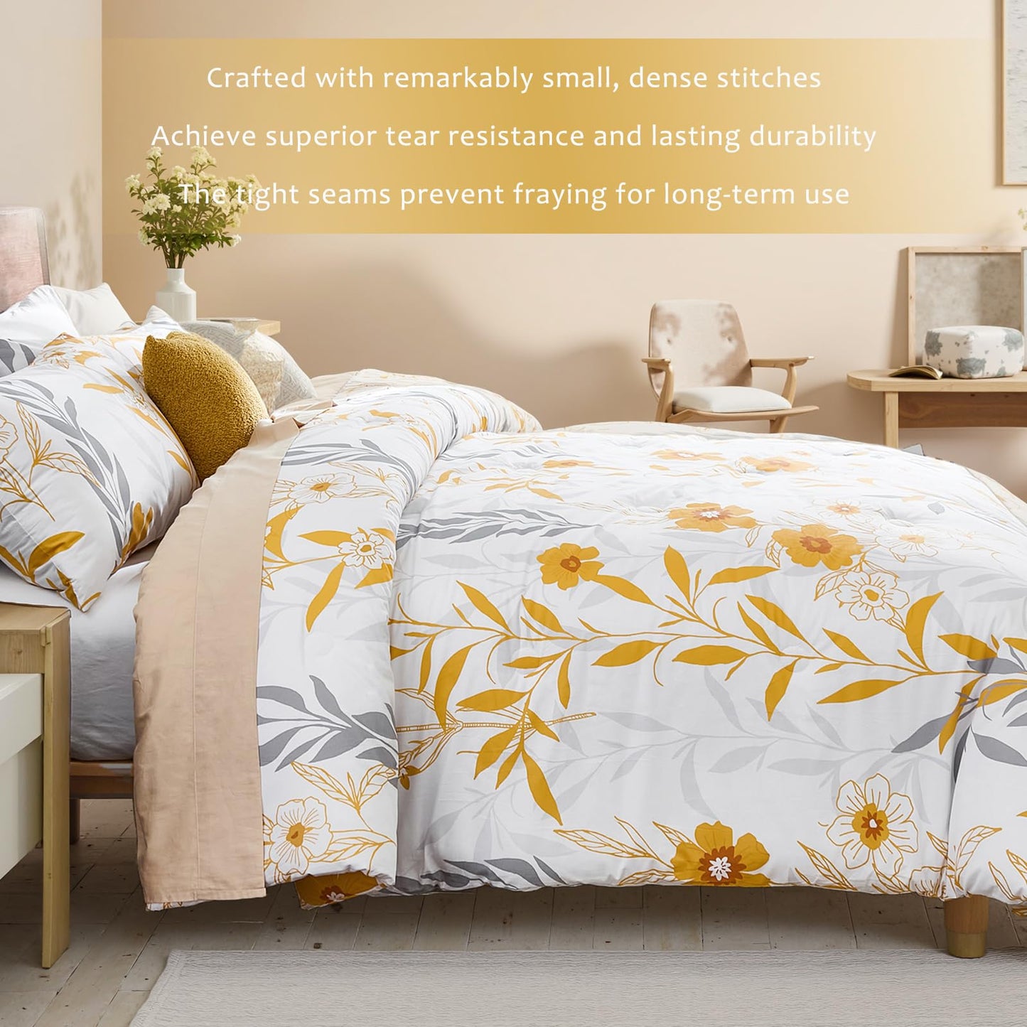 100% Cotton Floral Comforter 3 Pcs Botanical Queen Bedding Set Yellow Flower Grey Leaf Plant Printed Super Soft Cozy Country Rustic Bed Comforter Set All Season