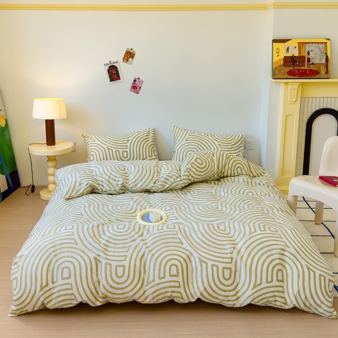 LIWHENHAO Abstract Duvet Cover Set Queen 100% Cotton Bedding Yellow Green Curve on White 1 Striped Geometric Comforter Cover Full 2 Pillowcases for Kids Girls Boys Woman