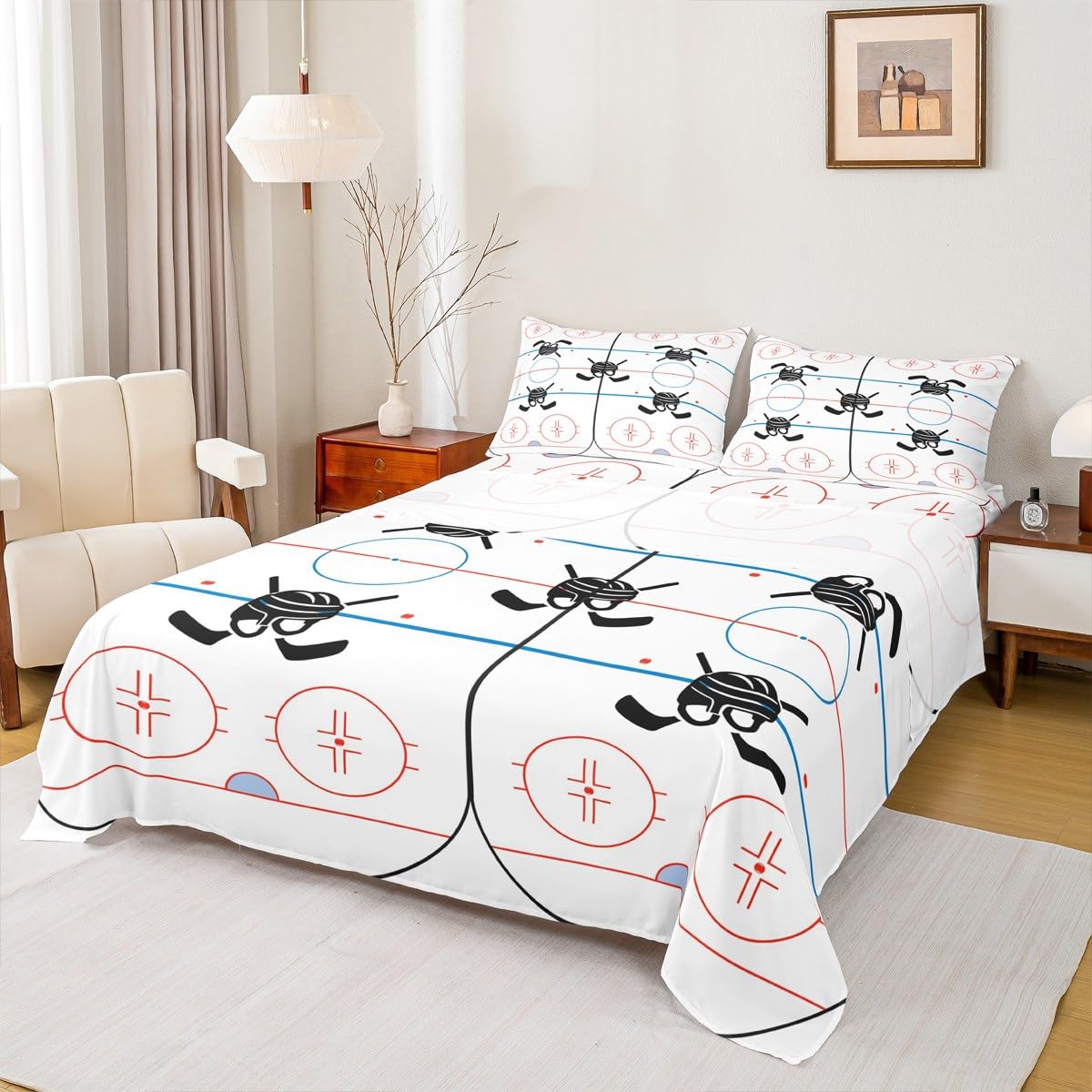 Hockey Stadium Kids Sheet Full Size,Ice Hockey Rink Bedding Set for Boys Girls Adults,Winter Event Sports Lovers Abstract Vivid White Bed Sheet Set 4pcs(Fitted Sheet + Flat Sheet + 2 Pillowcases)