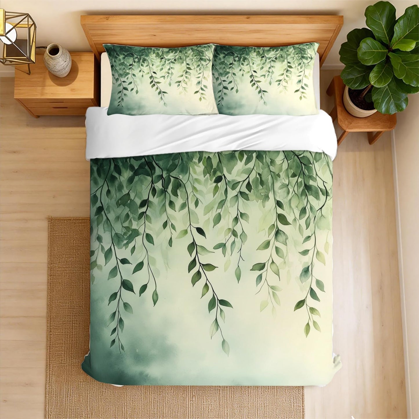 TEERRLLTW Floral Botanical Boho Flower Designed Duvet Cover Set, 3 Piece Soft Bedding Set (1 Duvet Cover and 2 Pillowcases), Floral Comforter Cover Set (Greenery Willow Leaves, Full (80" x 90"))