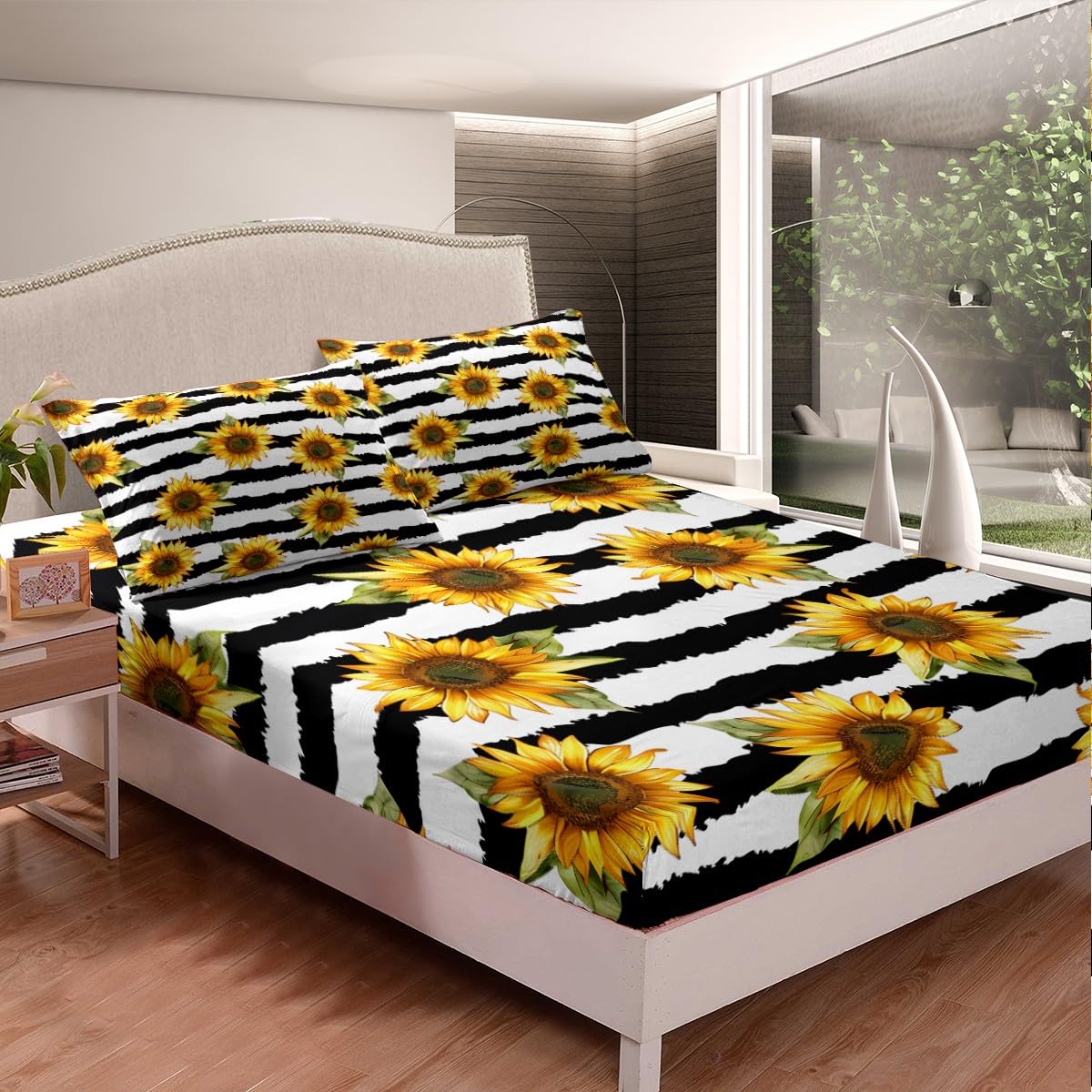 Feelyou Sunflower Fitted Sheet Queen Stripes Pattern Decor Bedding Set Panoramic Printed Adult Teen Kids Bed Sheet Set Garden Theme Bed Cover for Boys Girls Women Plant Decor Soft (No Flat Sheet)