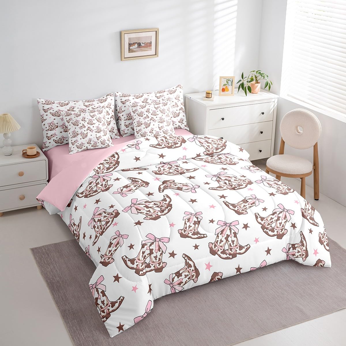 Manfei Cowgirl 7 Pieces Bedding Set Queen,Western Tribal Boots Pink Princess Bowknot White Bed in a Bag for Teens,Rustic Brown Cowhide Starry Comforter Set with Sheets,Pillow Covers