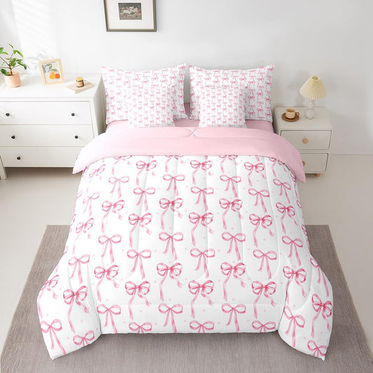 Feelyou Cute Pink Bowknot 7 Pieces Bedding Set, for Kids Boys Girls Watercolor Bow Bed in a Bag with Comforter, Sheets, Pillowcases Queen Size Coquette Bows Bed Set Bedroom Decor