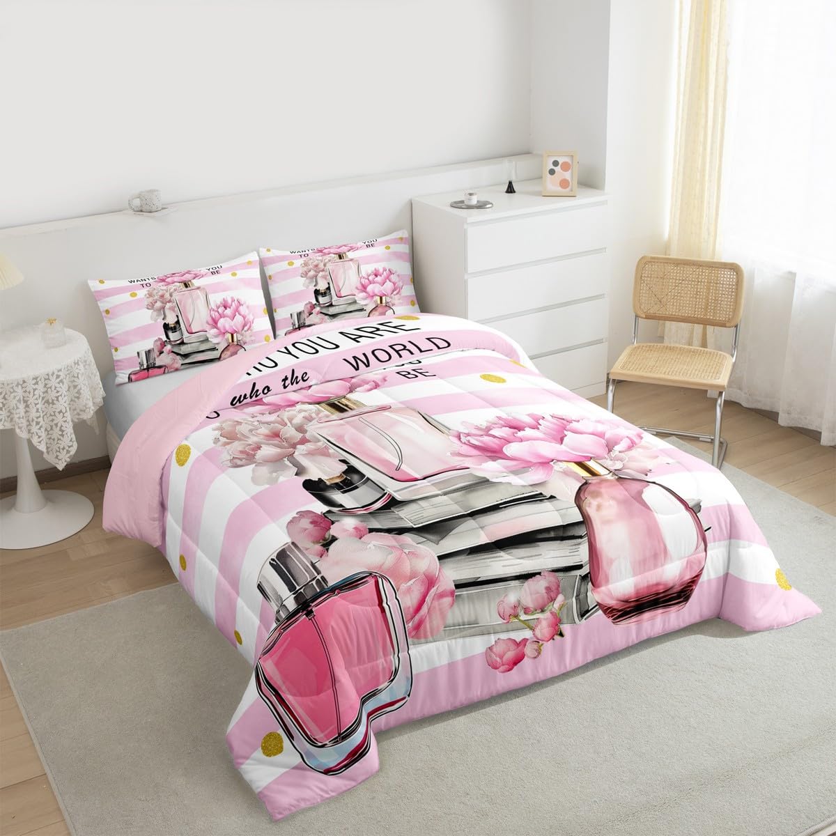 Erosebridal Girly Fashion Comforter King Size Girls Pink and White Striped Bedding Set for Kids Teens Women Modern Pretty Aesthetic Duvet Insert Coquette Fantasy Perfume Boho Trendy Quilt Set