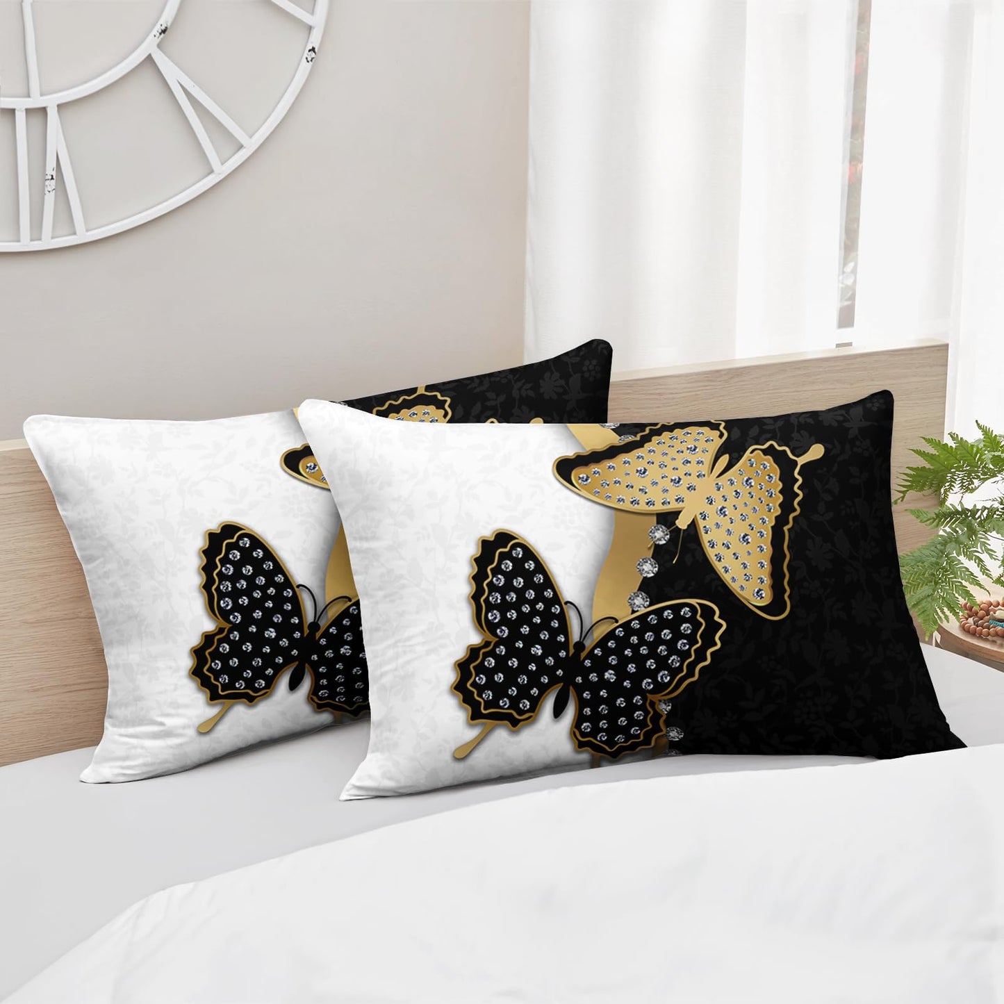 AILONEN Butterfly Comforter Set Queen Size, Black Gold Butterfly Diamonds Pattern Bedding Set for Girls Adults,Luxury Black White Soft Lightweight Duvet Set 3 Pieces(1 Comforter + 2 Pillowcases)