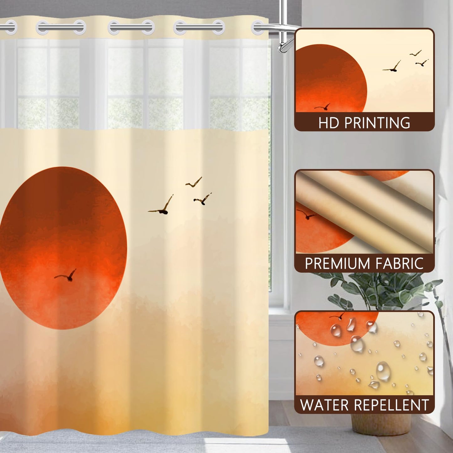 NAEMBCU No Hook Shower Curtain with Snap-in Liner, Sunset Silhouette Black Birds Design with Mesh Top Window, Waterproof Double Layer Nature Bathroom Decor, 71 x 74 Inch