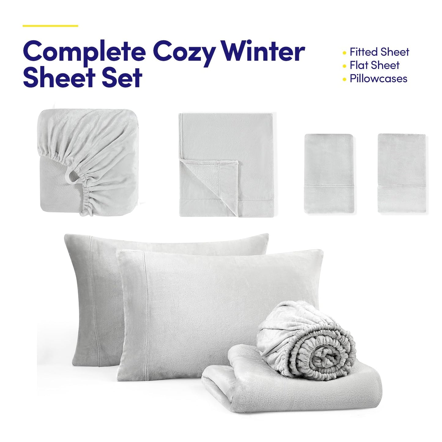 Fleece Sheets King Size – Deep Pocket Bedding Toasty Warm Microfleece Bed Sheets for Cold Weather Fall/Winter Comfort – Micro Fleece Fitted Sheet, Flat Sheet & Pillowcases