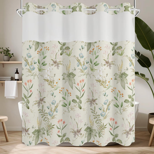 No Hook Shower Curtain with Snap in Fabric Liner Set, Waterproof & Washable, Boho Green Floral Shower Curtains for Bathroom, Farmhouse Cottage Core Decorative Patterned Bathroom Curtain, 71x74 inch