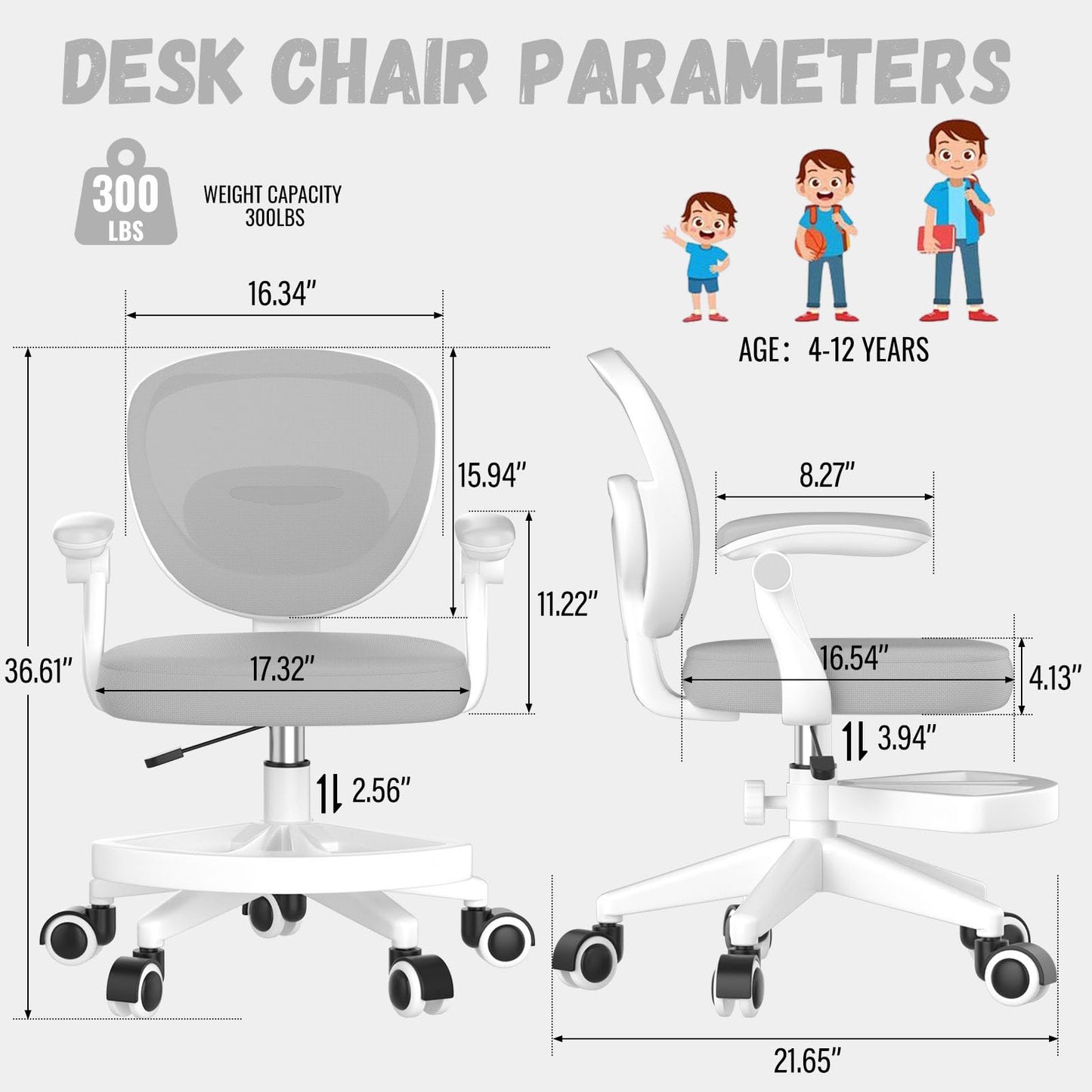 Ergonomic Kids Desk Chair 4-12, Adjust Height Children Study Computer Chair