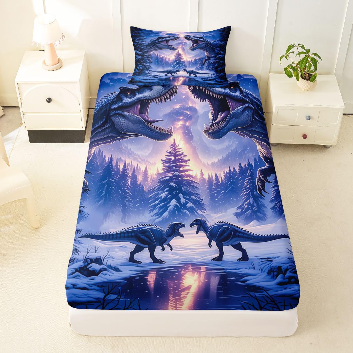 Feelyou Dinosaur Bed Sheets Set Twin Size 3D Digital Print Bed Set Jungle Dino Deep Pocket Fitted Sheet Wild Animal Breathable Soft Lightweight Microfiber Blue Purple