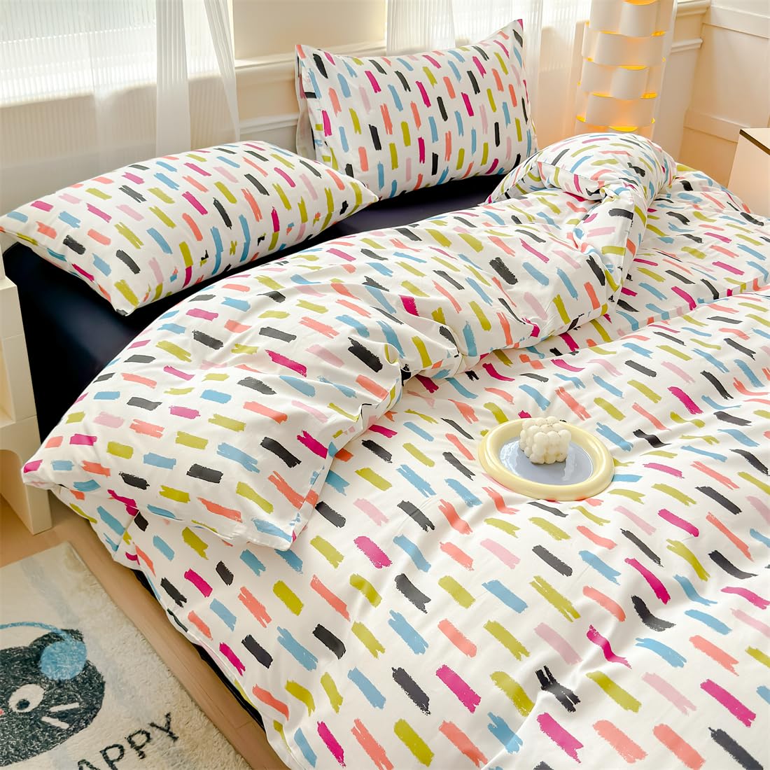 LIWHENHAO Rainbow Striped Duvet Cover Set Queen 100% Cotton Bedding Colorful Blue Red Black Stripe on White 1 Modern Abstract Geometric Comforter Cover Full 2 Pillowcases for Kids Girls Boys Woman