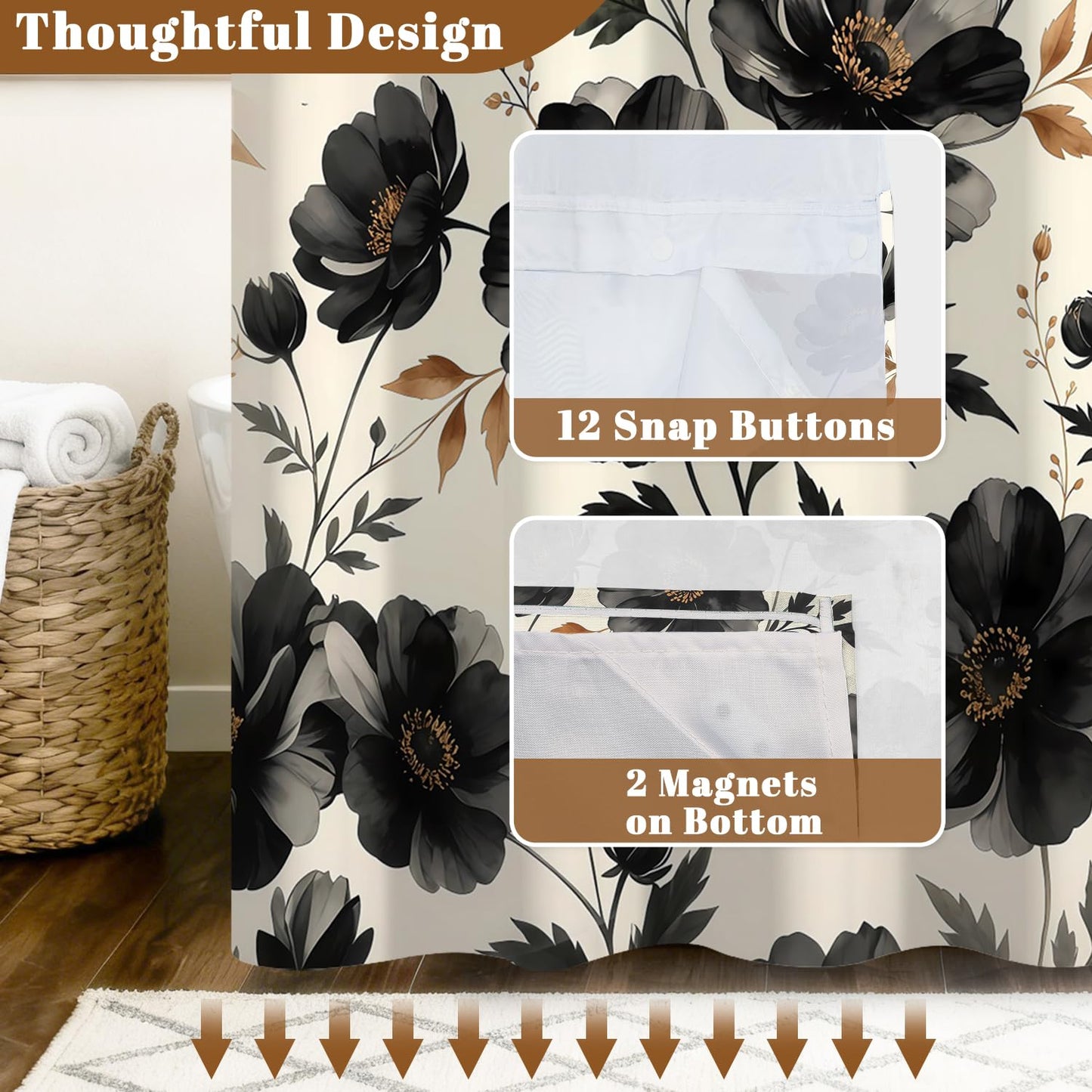 Xiazhilaio Black Floral Shower Curtain with Snap in Liner, 71x74 Inch