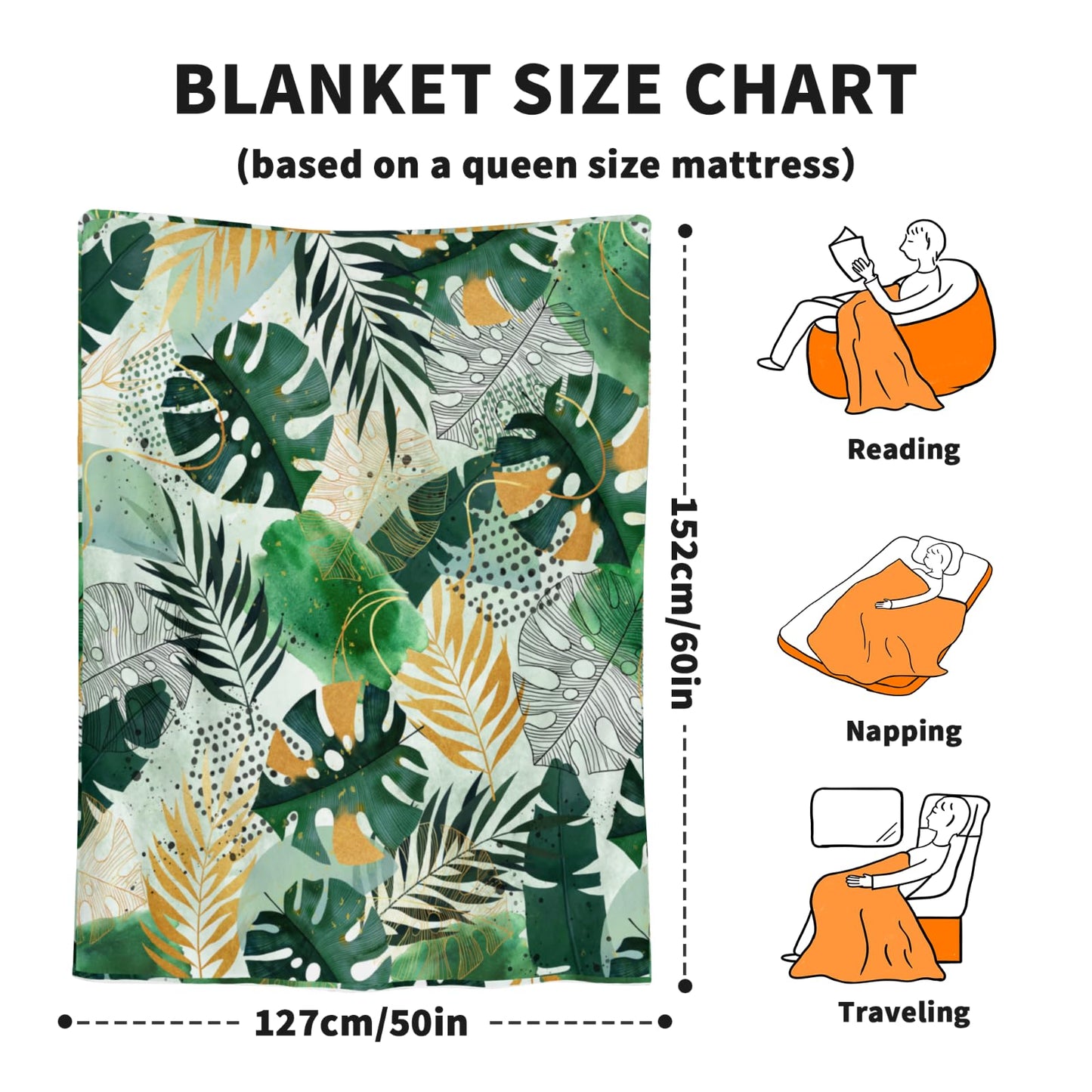 Tropical Blanket Green and Gold Botanical Leaf Throw Blanket Nature Plant Lightweight Soft Cozy Flannel Blankets Gifts for Living Room Couch, Home,Sofa Decor 50 x 60 Inch