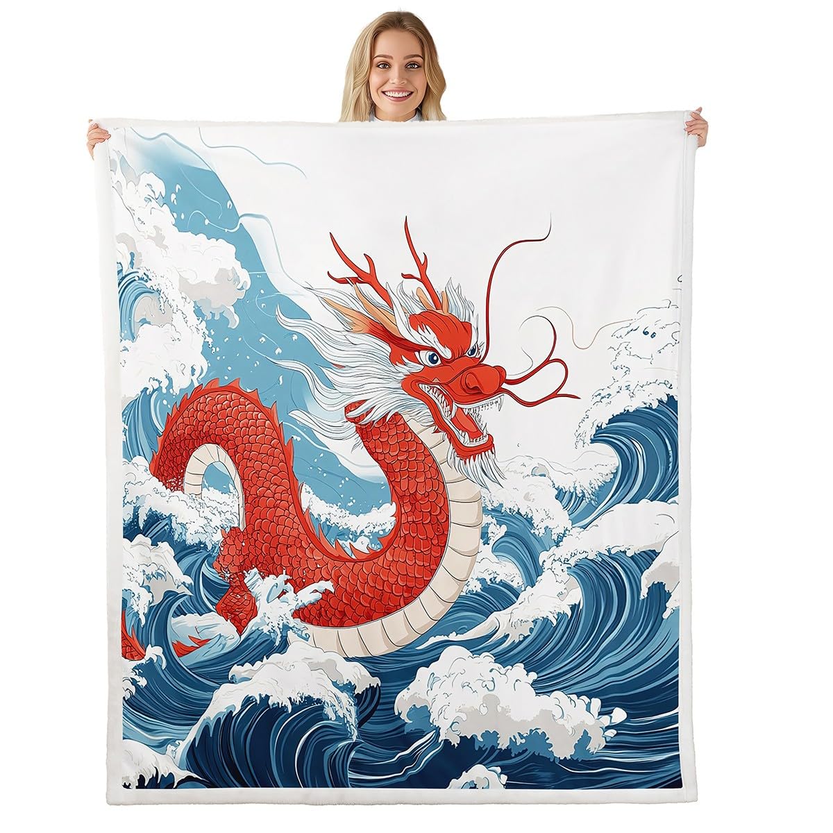 Erosebridal Dragon Throw Blanket Baby 30"X40" Wave Sherpa Blanket,Japanese Ukiyoe Plush Bed Blanket Exotic Animal Fleece Blanket for Kids Boys Teens Ancient Flannel Blanket