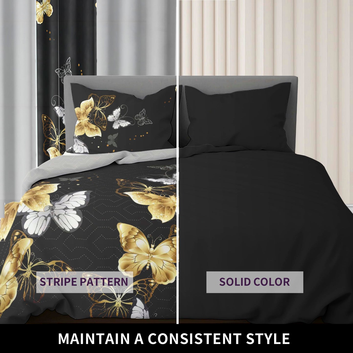 Deepsleep King Bedspread Set 9 Pieces, All Season Luxury Bed in a Bag for Bedroom, with 2 Pillowcases and 6 Curtains, Ultra-Soft Microfiber for Complete Bedroom Decor, Black Gold Butterfly