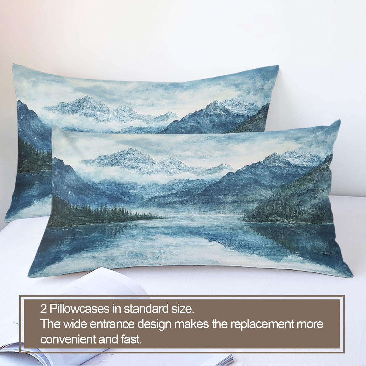 GKPLY Misty Mountain Bedding Comforters, Blue Watercolor Duvet Cover, Serene Nature Comforter Set, Reversible Print - Scenic Landscape Bedding Duvet Cover & 2 Pillowcases California King