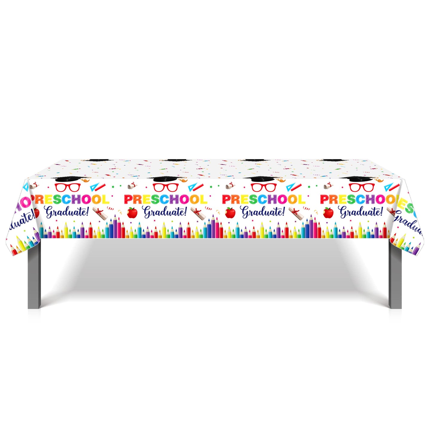 CC HOME 1Pc Preschool Graduation Party Plastic Tablecloth 54 x 87 Inch Long Table Cover, Colorful Crayon Party Tablecover for Graduate Theme Kids Baby Shower Birthday Dinner Picnic Kitchen Event