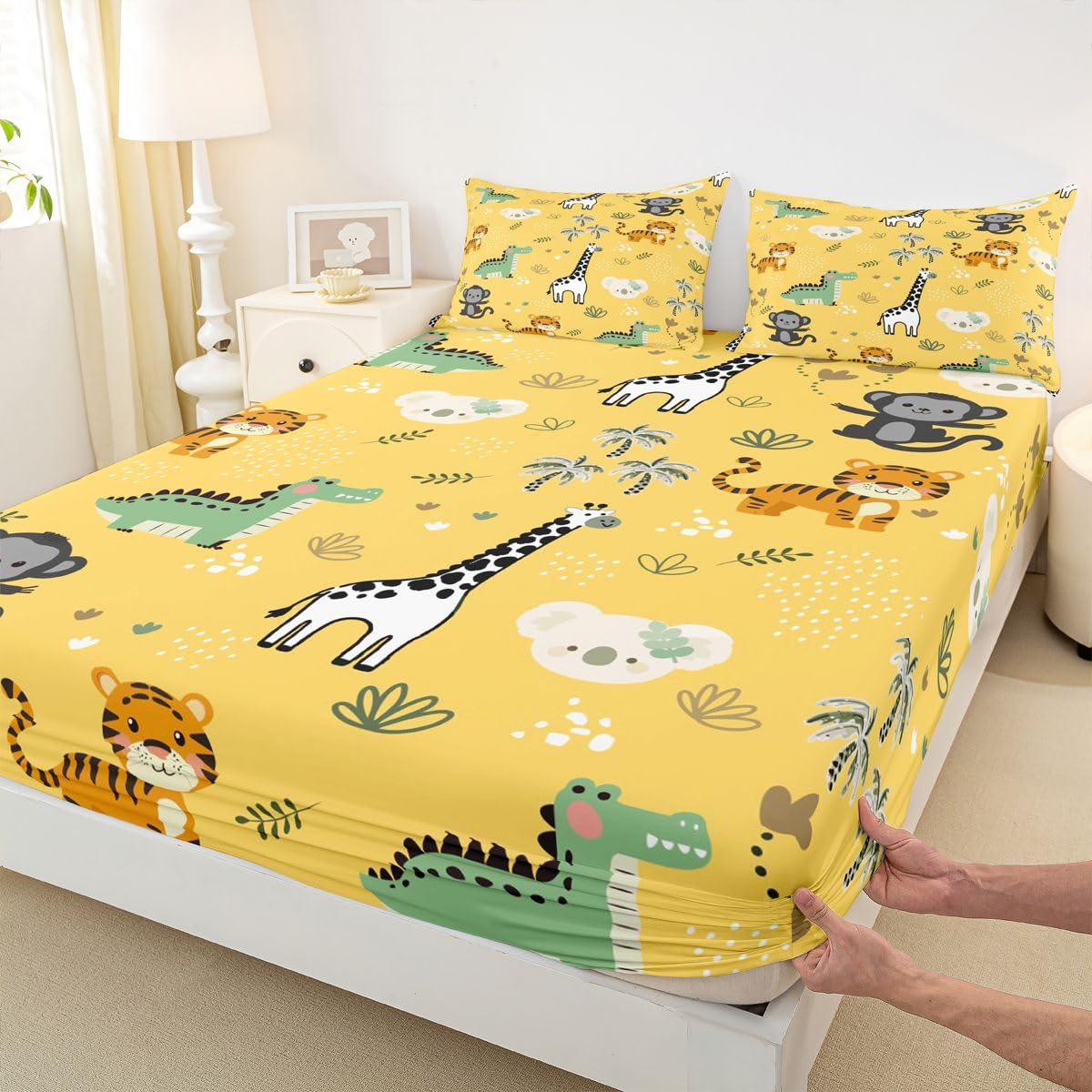 Erosebridal Jungle Animals Bed Sheets Full Cartoon Kawaii Sheet Set for Kids Boys Girls Safari Animals Sheets Monkey Giraffe Crocodile Tiger Flat Fitted Sheet 3 Pcs