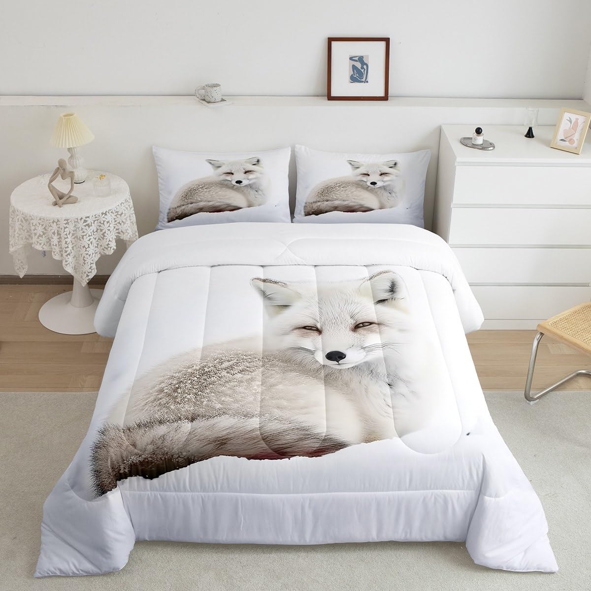 Feelyou Fox Comforter Set Arctic Fox Bedding Set for Kids Boys Girls Cute Animal Comforter Wildlife Quilt Set 1 Comforter Set with 1 Pillowcase Twin Size