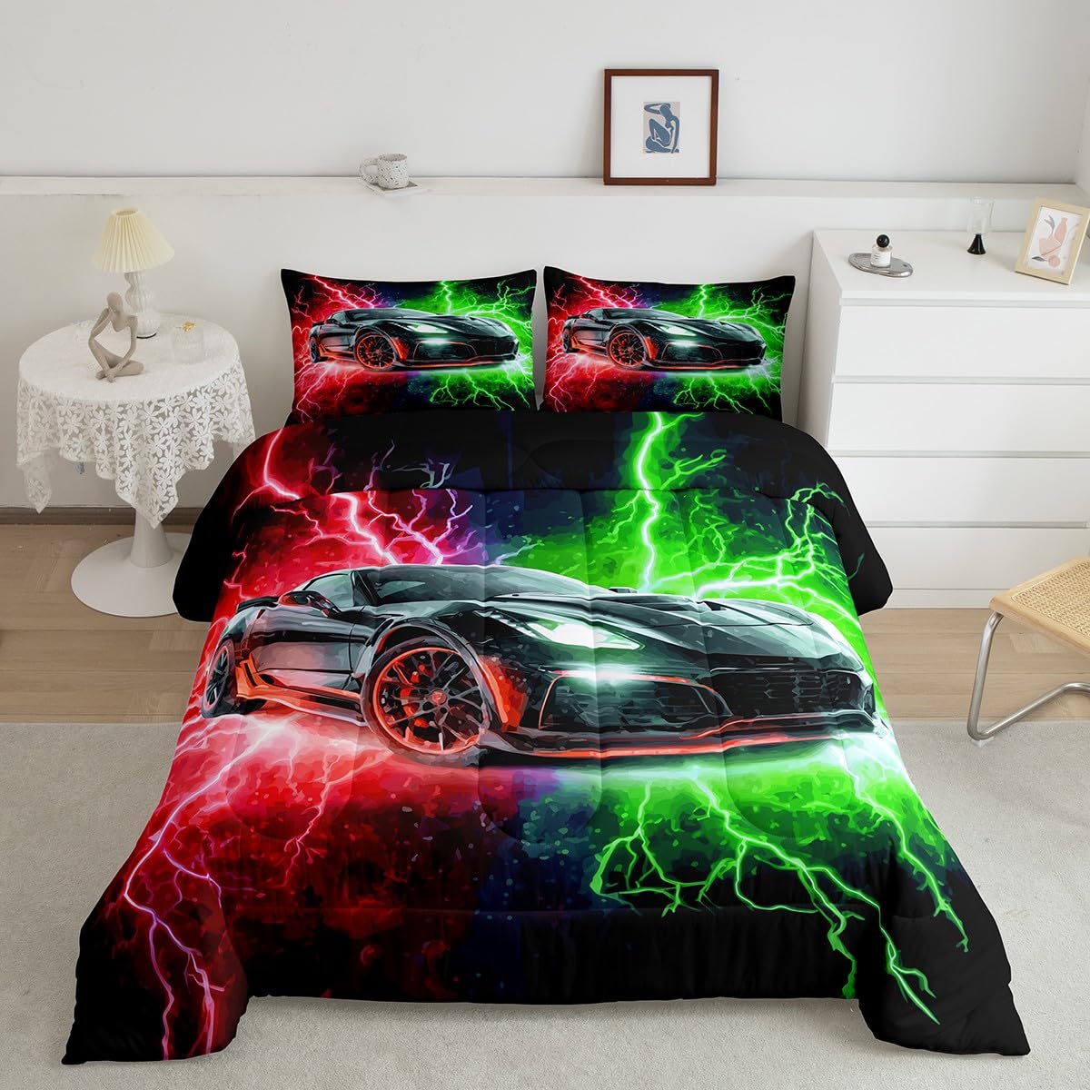 jejeloiu Racing Car Bedding Set Soft for Boys Girls, Race Car Comforter Set Twin Size Extreme Sports Duvet Quilt Microfiber Red Green Bedroom Decor 2 Pcs with 1 Pillow Cases