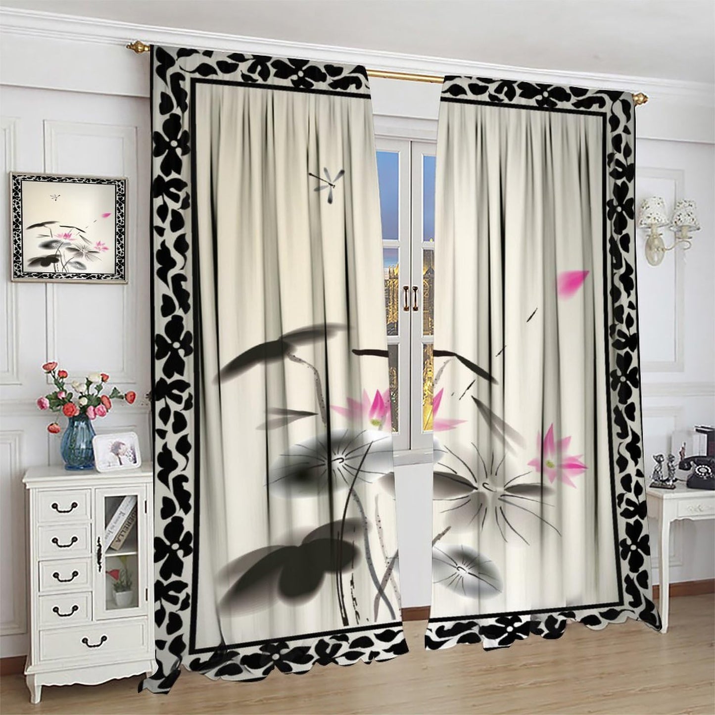 JESTRONRY Japanese Window Curtains, Oriental Asian Chinese Traditional Ink Painting Lotus Flowers Illustration Art Thermal Insulated Curtains for Bedroom Living Room Office W42xL45in
