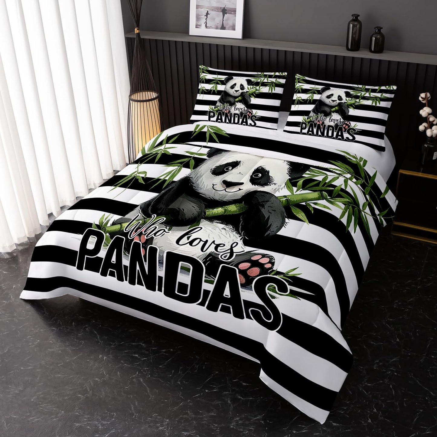 Nttopship Kawaii Panda Bedding Set - Striped Animal Theme Comforter for Girls, Kids, Teens - Twin Size With 2 Pillowcases