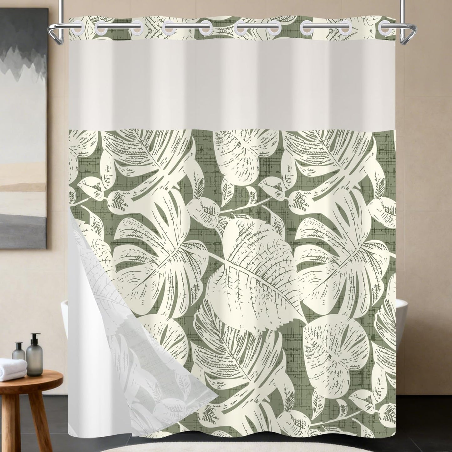NAEMBCU No Hook Tropical Shower Curtain with Snap in Liner 71x74 Inch