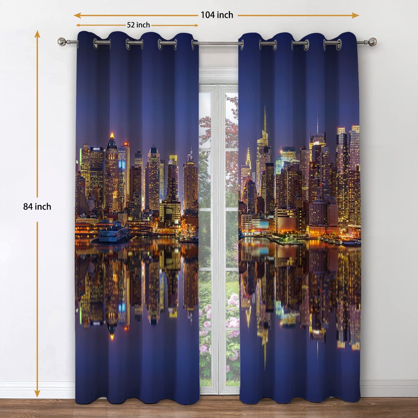 Jekeno City Landscape Blackout Curtains New York Manhattan Midnight Cityscape Ocean Reflection by The Coast Scenery Urban Decor for Bedroom Living Room Grommet Window Drapes 2 Panel Set, 52"x84"