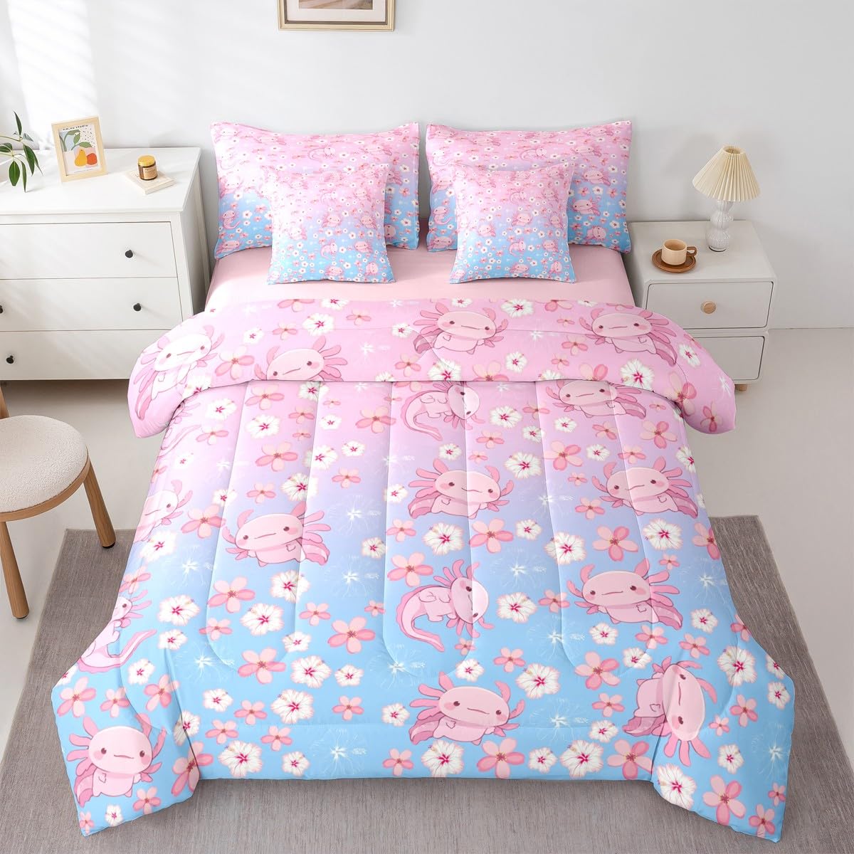 Erosebridal Axolotl 7 Piece Bedding Set King Ombre Comforter Set with Sheets Cherry Blossoms Cartoon Salamander Bed in a Bag Kawaii Pink Blue Ombre for Kids Boys Girls
