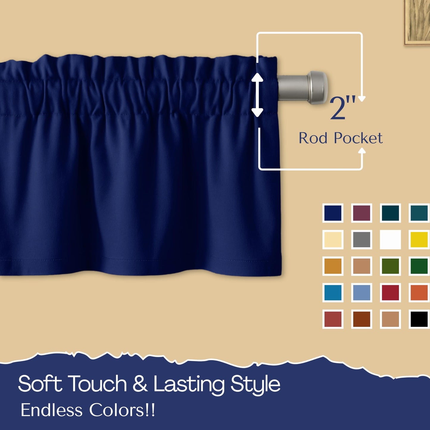 Native Fab 3 Piece Window Curtain Tiers 26"x36" and Valance 54"x18" Set - Rod Pocket - Semi Sheer - Short Curtain for Kitchen, Cafe, Living Room - Ink Blue