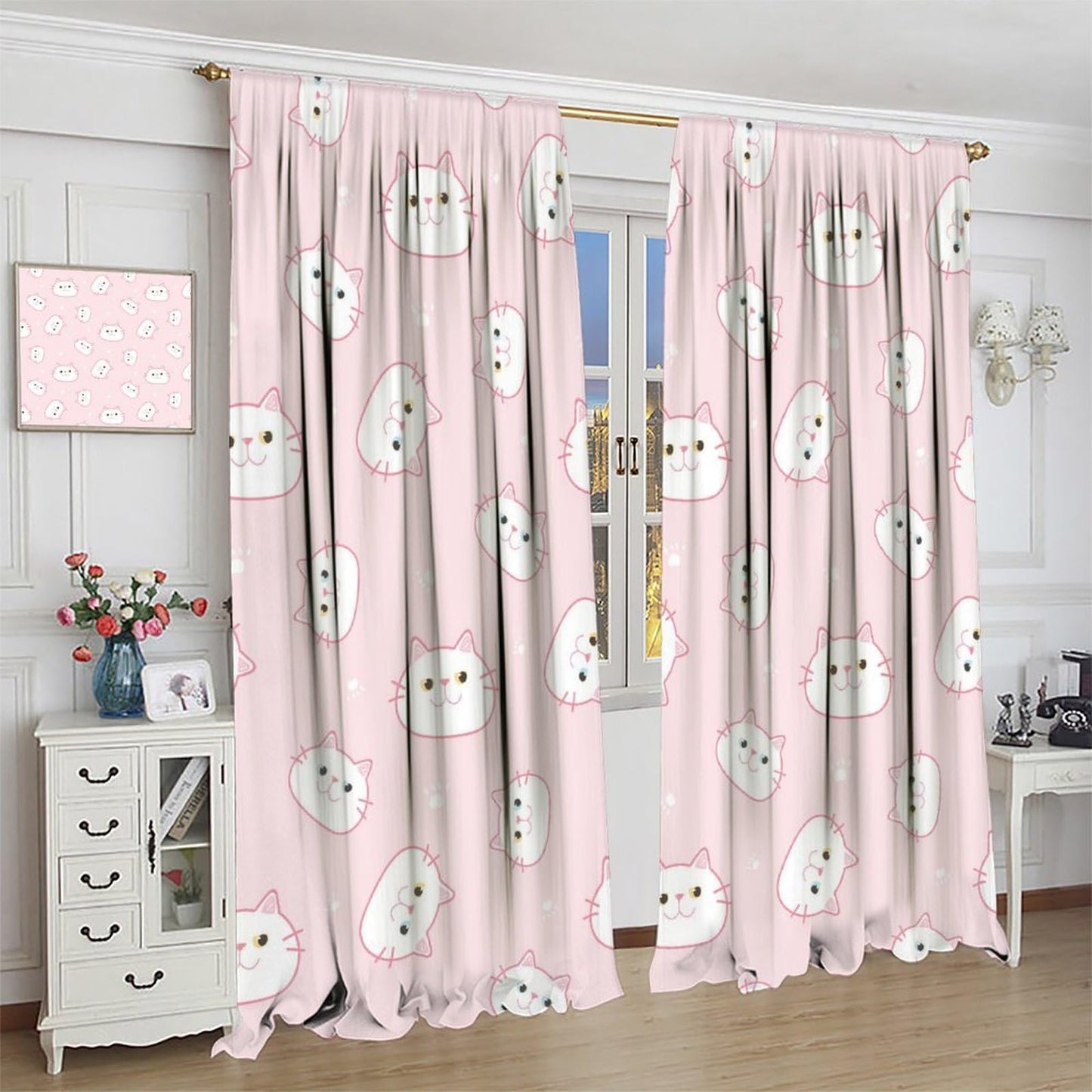 YSWOW Cat Pink Curtains for Girls Bedroom Decor Cartoon Cute Animals Art Printed Blackout Window Drapes for Living Room Decor Fabric Set 2 Panel 42x45 Inch 20% Shading Rate
