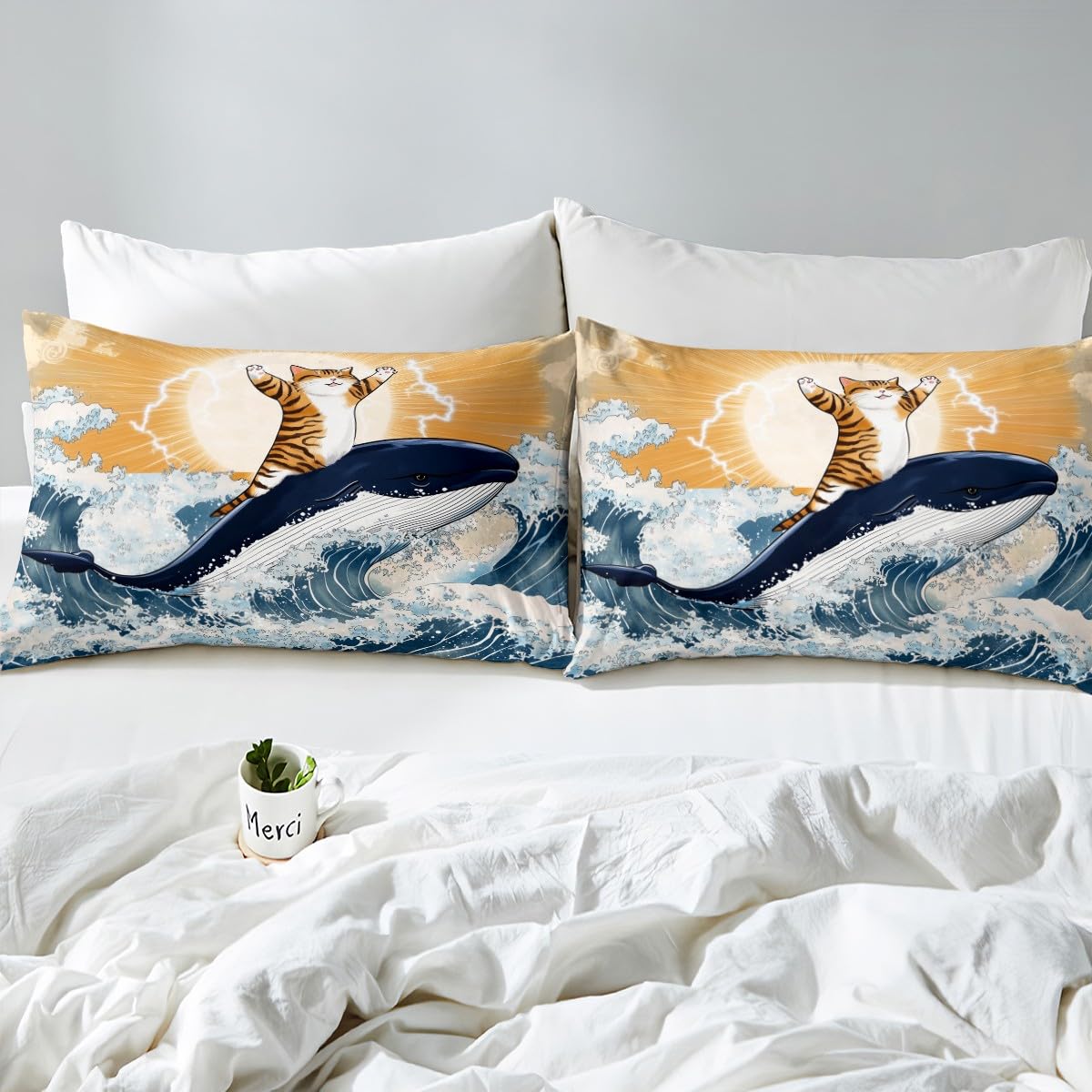 Feelyou Cute Cat Whale Bedding Sheets Full Japanese Ukiyoe Theme Bed Sheet Set for Adult Kids Cartoon Anime Fitted Sheet Navy Blue Bed Cover 3Pcs,1 Fitted Sheet+2 Pillow Sham（No Flat Sheet）