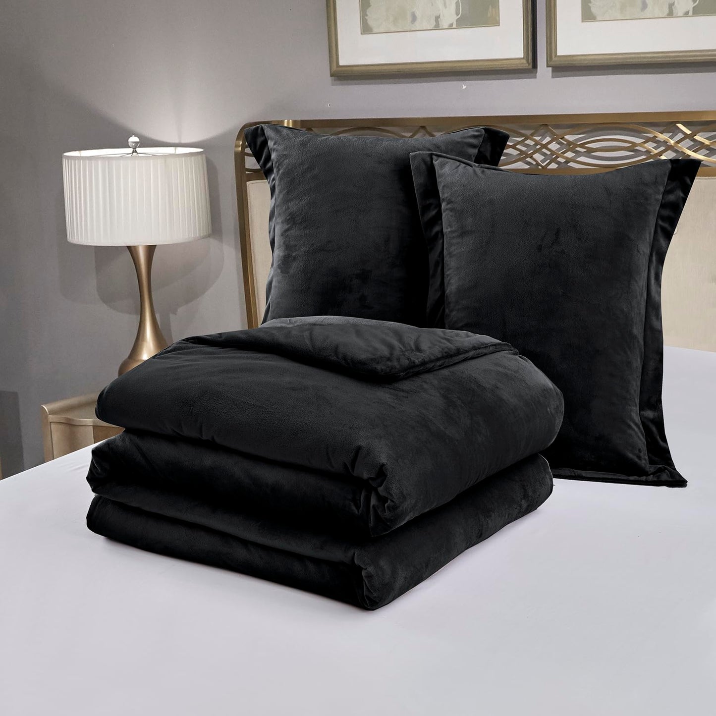 HUMESIIL Poly Plush Comforter Set, Poly Plush Fabric for Both Front and Reverse, with Downalternative Fill, 3 Pieces Queen 92"x96", Black