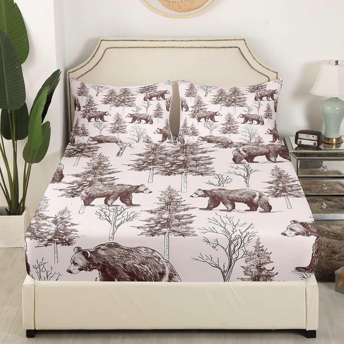 Erosebridal Bear Bedding Set for Kids Boys Girls Teens Adults Twin Size Bears and Baby Tree Branches Fitted Sheet Trees Winter Scene Wildlife Animal Shadow Bed Cover Bed Décor Breathable Durable