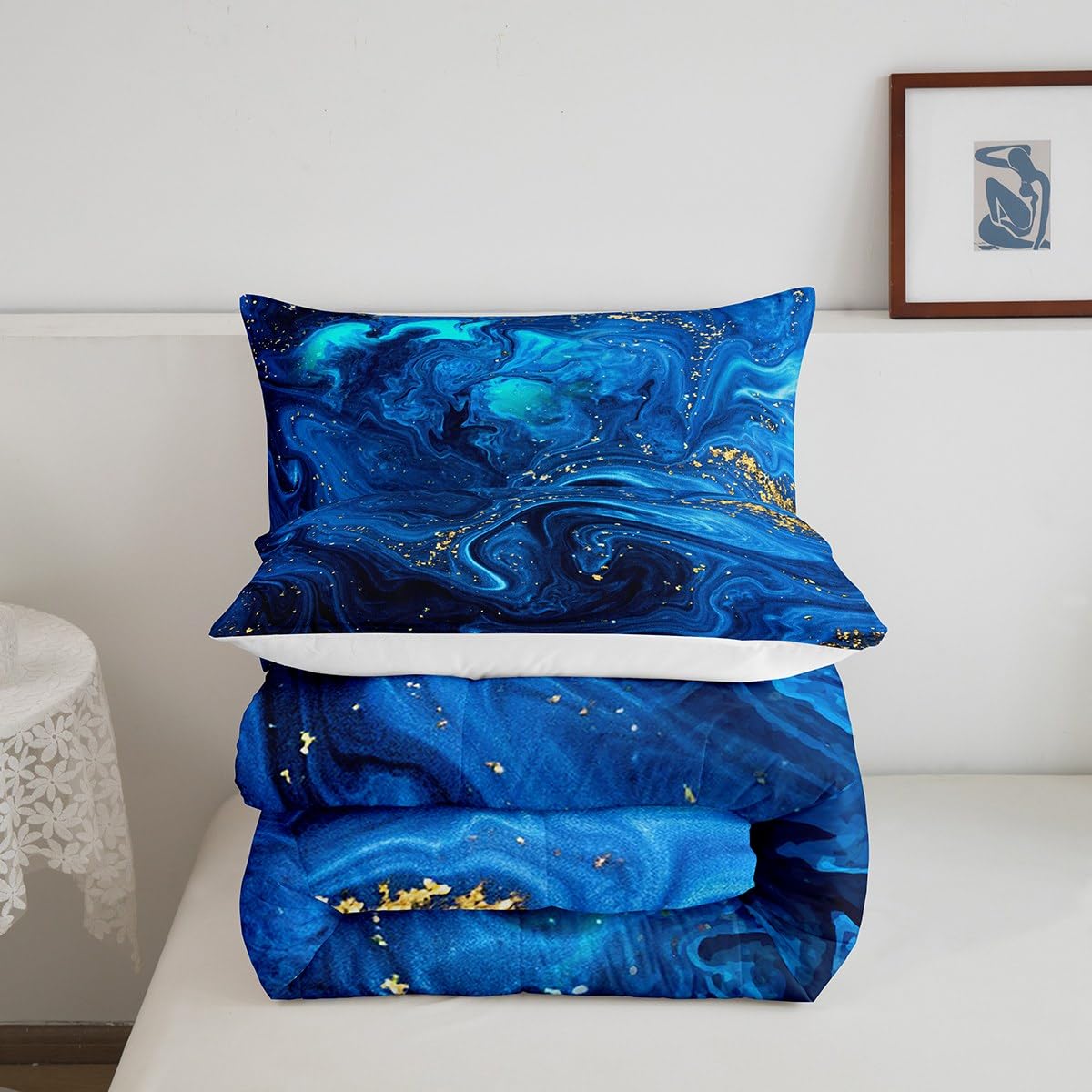 Erosebridal Ombre Blue Marble Queen Comforter Set, Black and Blue Marble Bedding Set for Men Teens Boys, Modern Golden Glitter Down Comforter, Watercolor Tie Dye Art Duvet Insert, Ocean Blue 3Pcs