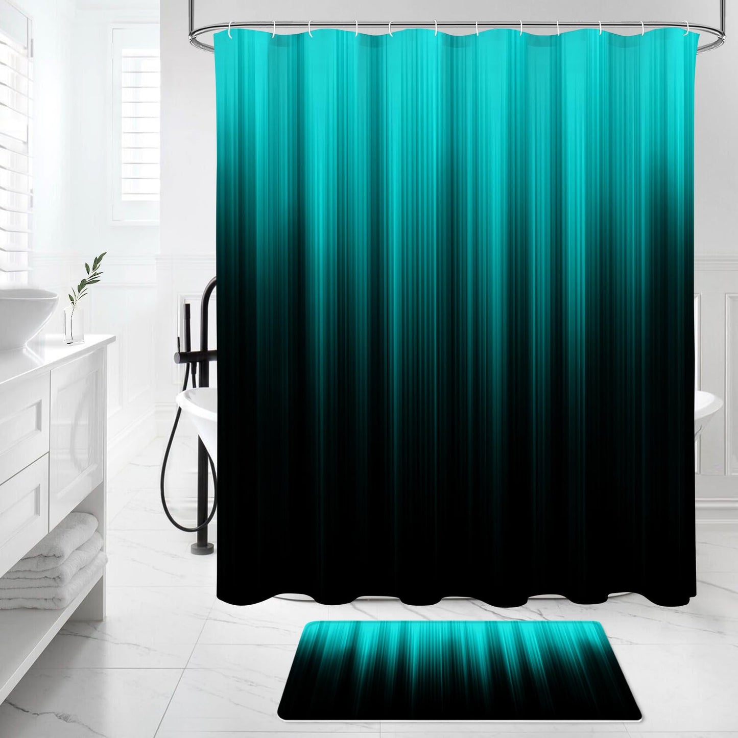 Litabel 4 Pcs Teal and Black Gradient Shower Curtain Set with Rugs and Toilet Lid Cover, Modern Simple Waterproof Fabric Bathroom Set, Ombre Stripe Gothic Abstract Bathroom Decor Set Accessories