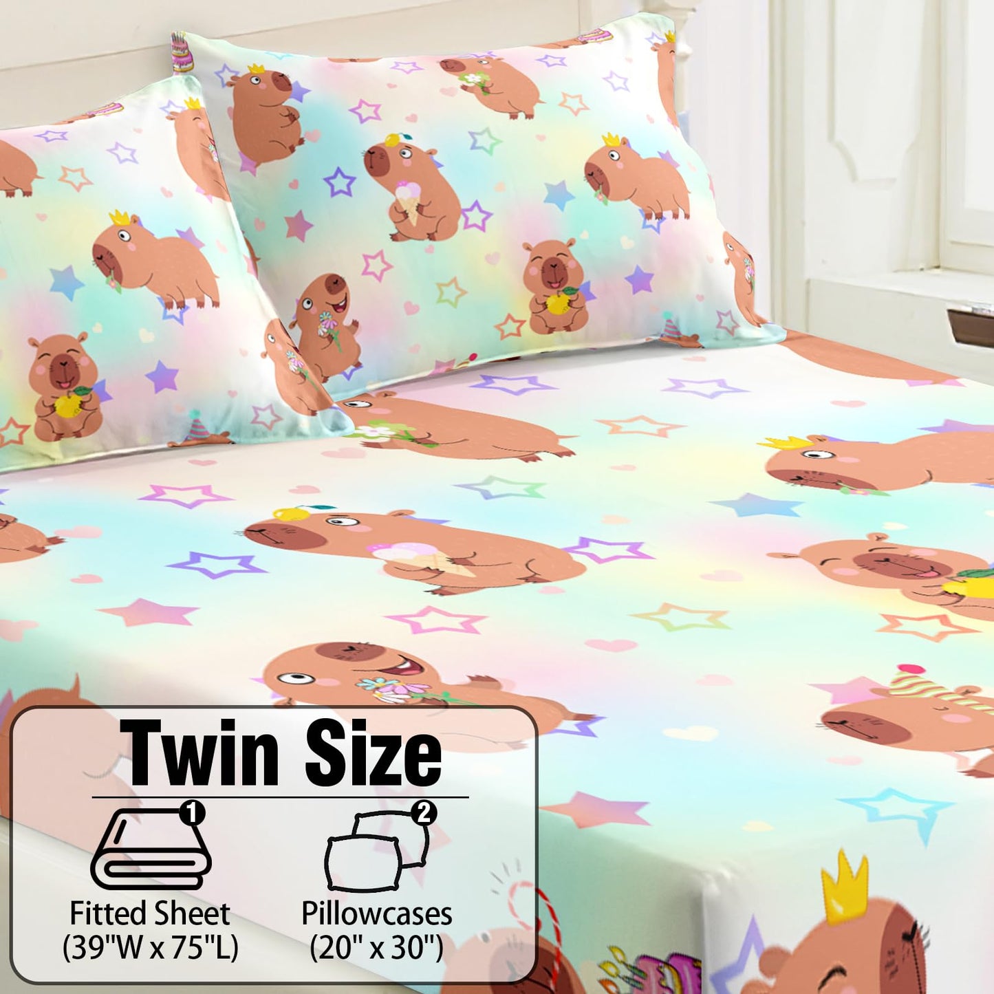 AILONEN Kawaii Capybara Fitted Sheet Set Twin Size,Cute Cartoon Capybara Rainbow Bedding Set for Girls Kids,Lovely Animal Star Fitted Sheet & 2 Pillowcases-3 Pieces