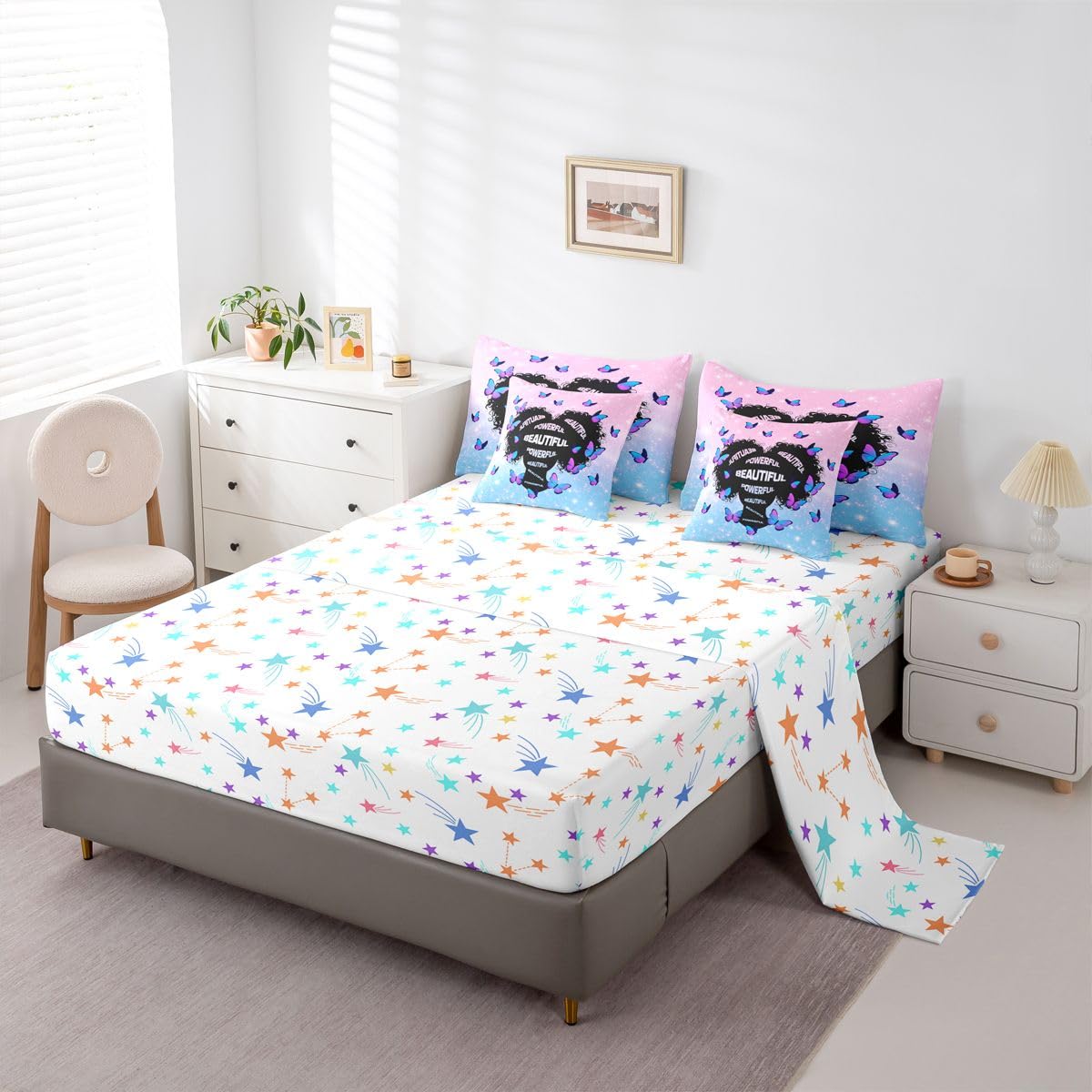 Erosebridal Black Girls Magic Queen Bedding Set Aesthetic Glitter Butterfly Comforter Set with Flat and Fitted Sheet Girl Women Empowering Words 7-Piece Bed in a Bag Blue Pink Gradient Quilt Sets