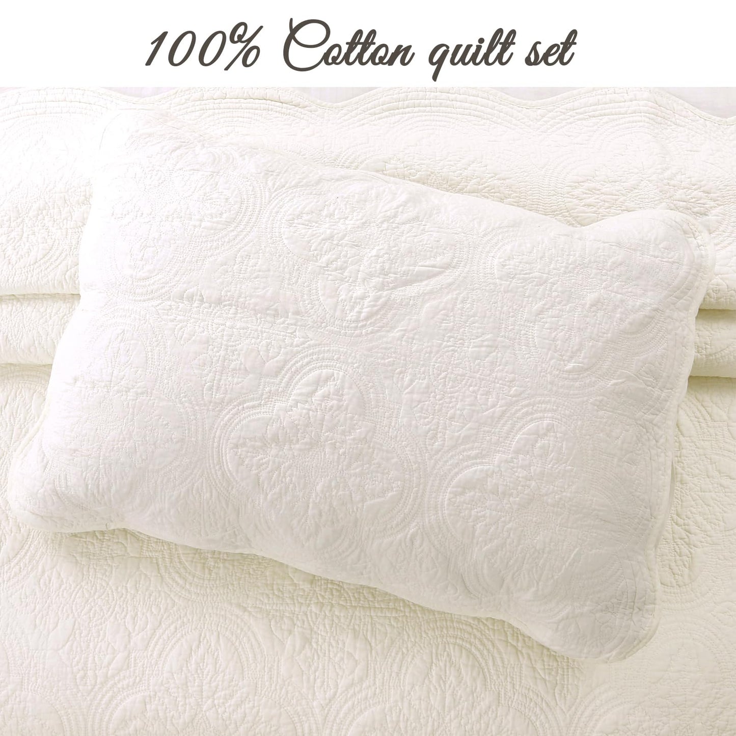 Cozy Line Home Fashions 100% Cotton Medallion Off White Matelasse Embossed Bedding Quilt Set, Reversible Lightweight Bedspread, Coverlet for All Season (Blantyre - Ivory, Queen - 3 piece)