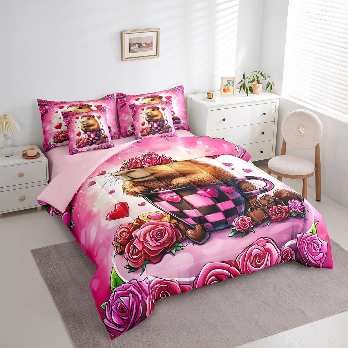 Feelyou Kids Valentine's Day Comforter Set with Sheets Queen Size, Rose Bed in A Bag Love Heart 7 Pieces Bedding Set Boys Girls Romantic Teens Bed Set Bedroom Decor 7Pcs